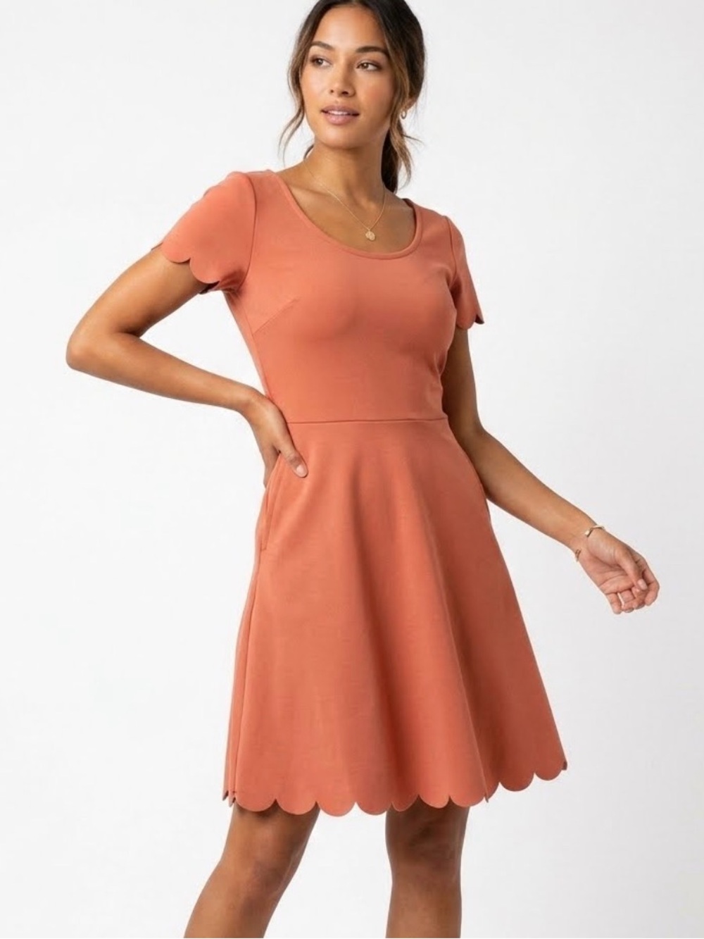 GAP Orange Peach Scalloped Hem Fit & Flare Dress Pockets Sz 2 Lightweight 380